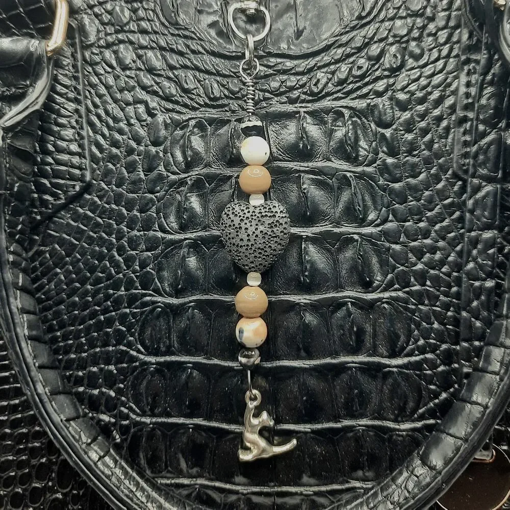 Artisan Beaded Bag Charm Tibetan Silver Cat Charm Diffuser Gemstone Keychain NEW